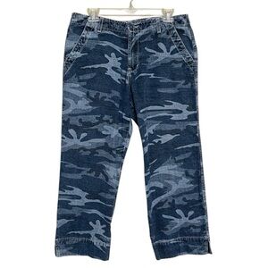 Lucky Brand Dungarees Military Crop Blue Denim Camo 100% Cotton USA Size 14/32